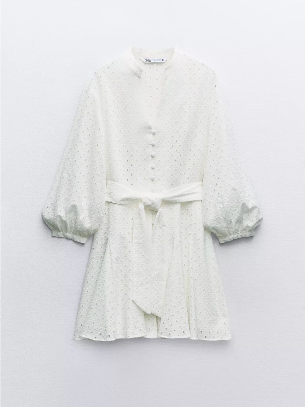 Zara White Eyelet Tie-Waist Mini Dress